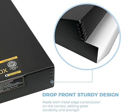 Miniatura 4 de Lineco Caja de almacenamiento negra de museo de 11 x 14 pulgadas, diseño frontal caído, 11 12 x 15 x 3 pulgadas. Sin ácidos con borde metálico.