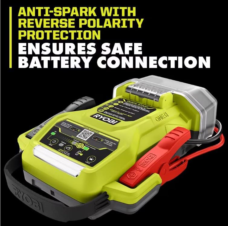 RYOBI ONE+ 18V Cordless 1600A Jump Starter with LED Work Light Kit with 2.0 Ah Battery and Charger