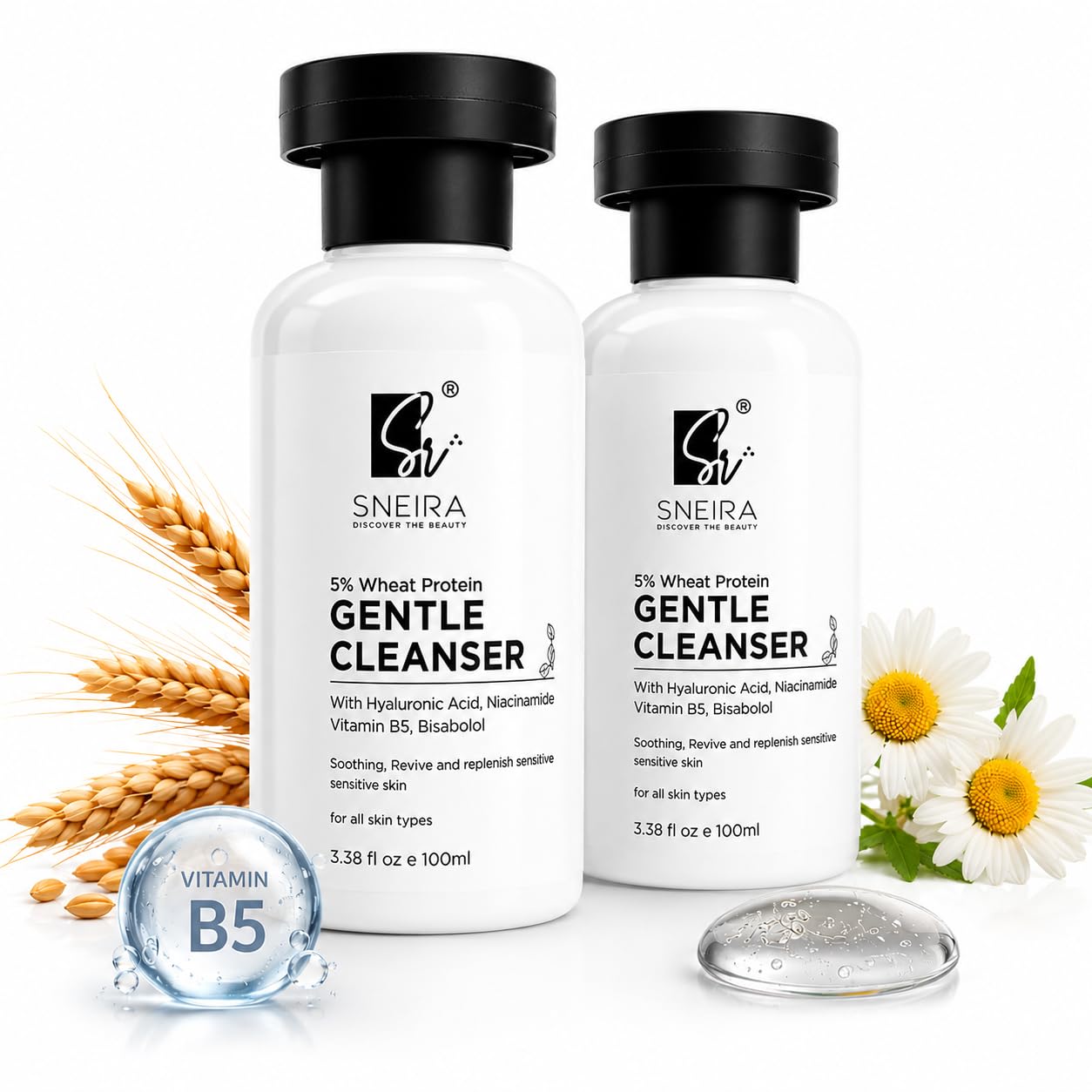 SNEIRA Gentle Cleanser (200 ml) with 5% Wheat Protein, Hyaluronic Acid, Niacinamide, Vitamin B5 & Bisabolol | Nourishing Formula for Hydrated, Smooth Skin|Cleansers For All Skin-type