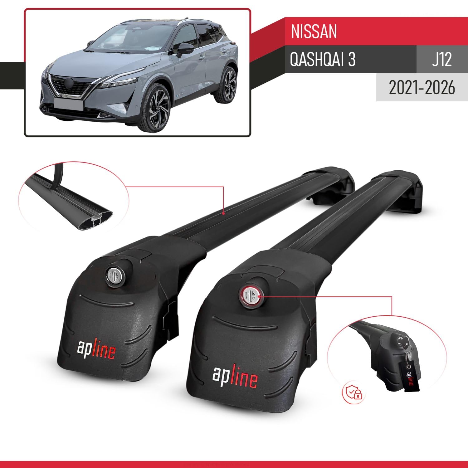 Compatibile con Nissan Qashqai 3 (J12) 2021-2026 Modello ACE-2 Barre Tetto Portapacchi Auto Barre Portatutto Nero Alluminio 2 Barre