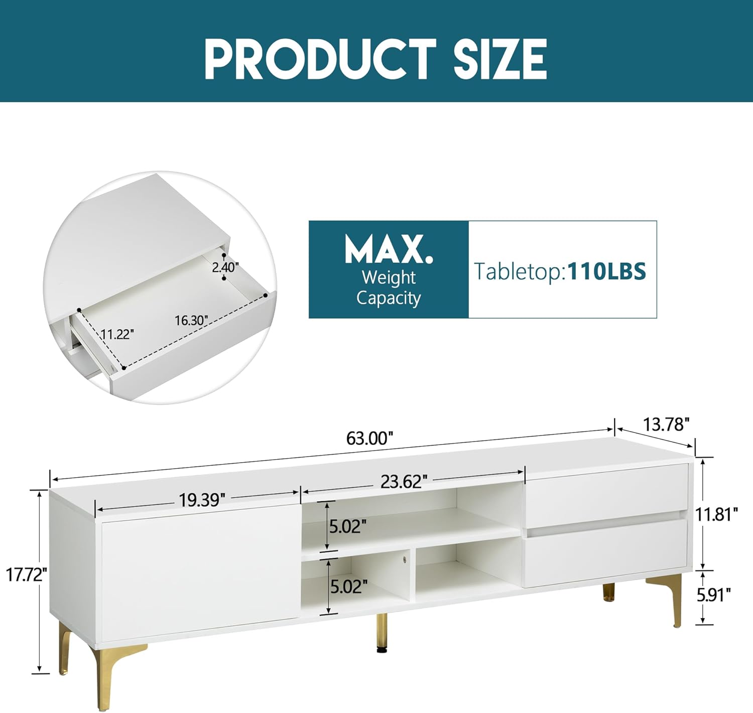 Modern Tv Stand with Led Remote Control Lights, Bloom Drawer Panel Gold Metal Legs White Entertainment Center for Living Room, Bedroom