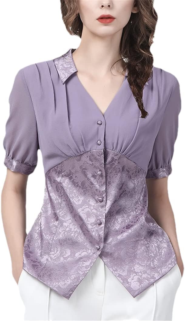 Chiffon Splicing Satin Women' Shirt V-Neck Summer Top Slimming Cinched Waist Casual Blouse