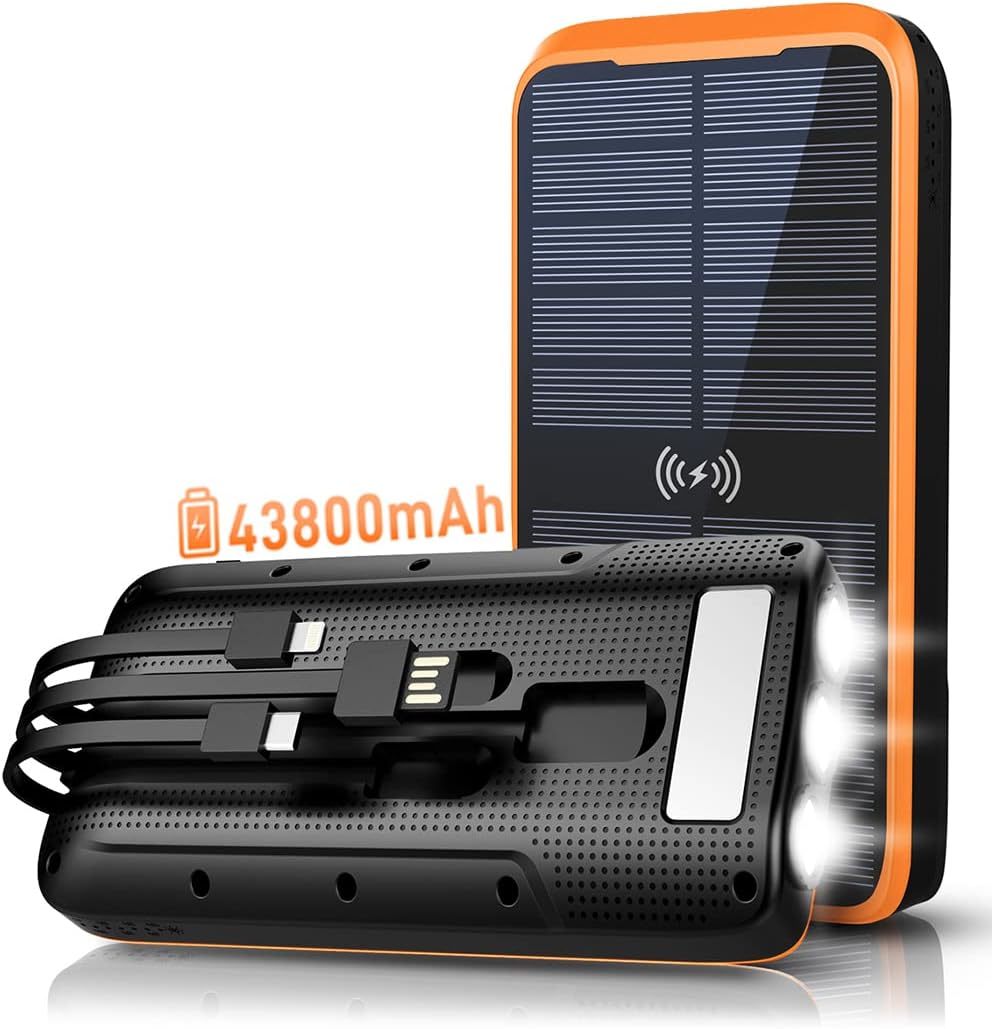 superallure Solar Charger Power Bank,Portable Charger,43800mAh Qc3.0 Fast Charger Qi 10W Wireless Charging Built-in 2 Kinds Output Cable and 680Lumen Bright flashlights