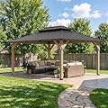 Devoko 12' x 16' Large Cedar Wood Gazebo, Permanent Outdoor Pavilion with Galvanized Steel Double Hardtop, Weather-Resistant Patio Gazebo for Garden, Lawn & Deck, Natural Finish(12‘×16')