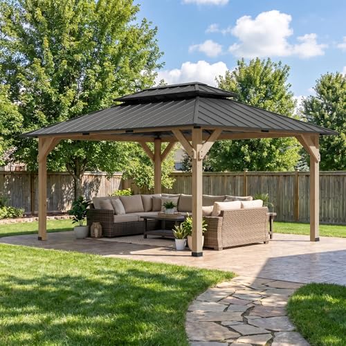 Devoko 12' x 16' Outdoor Wood Gazebo,Metal Hardtop Gazebo,Color DIY Permanent Pavilion with Galvanized Steel Double Roof for Backyard, Garden(Windproof, Snow-Load Bearing, Waterproof, Rustproof)
