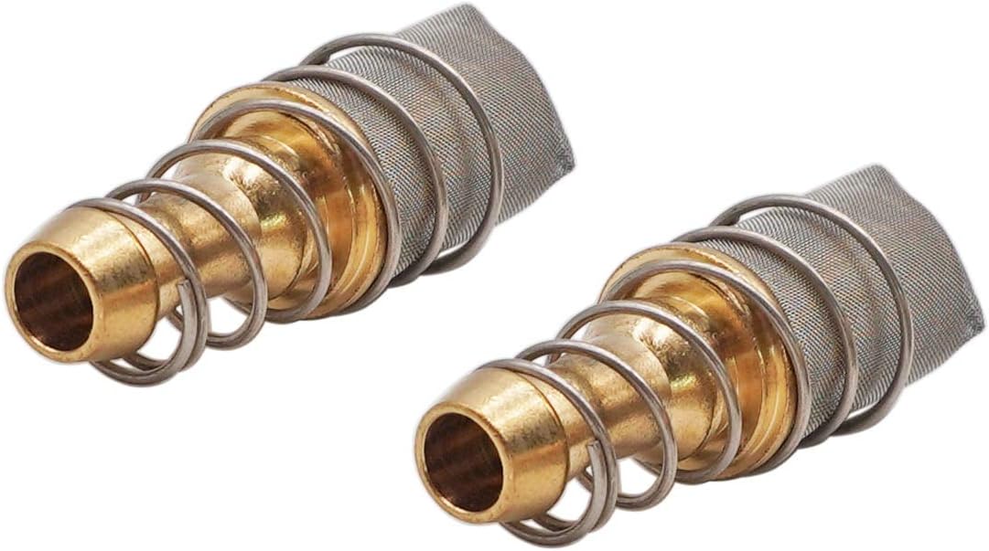 Angled view of two AIPICO in-tank fuel filters, highlighting the brass barb, spring, and mesh filter components.