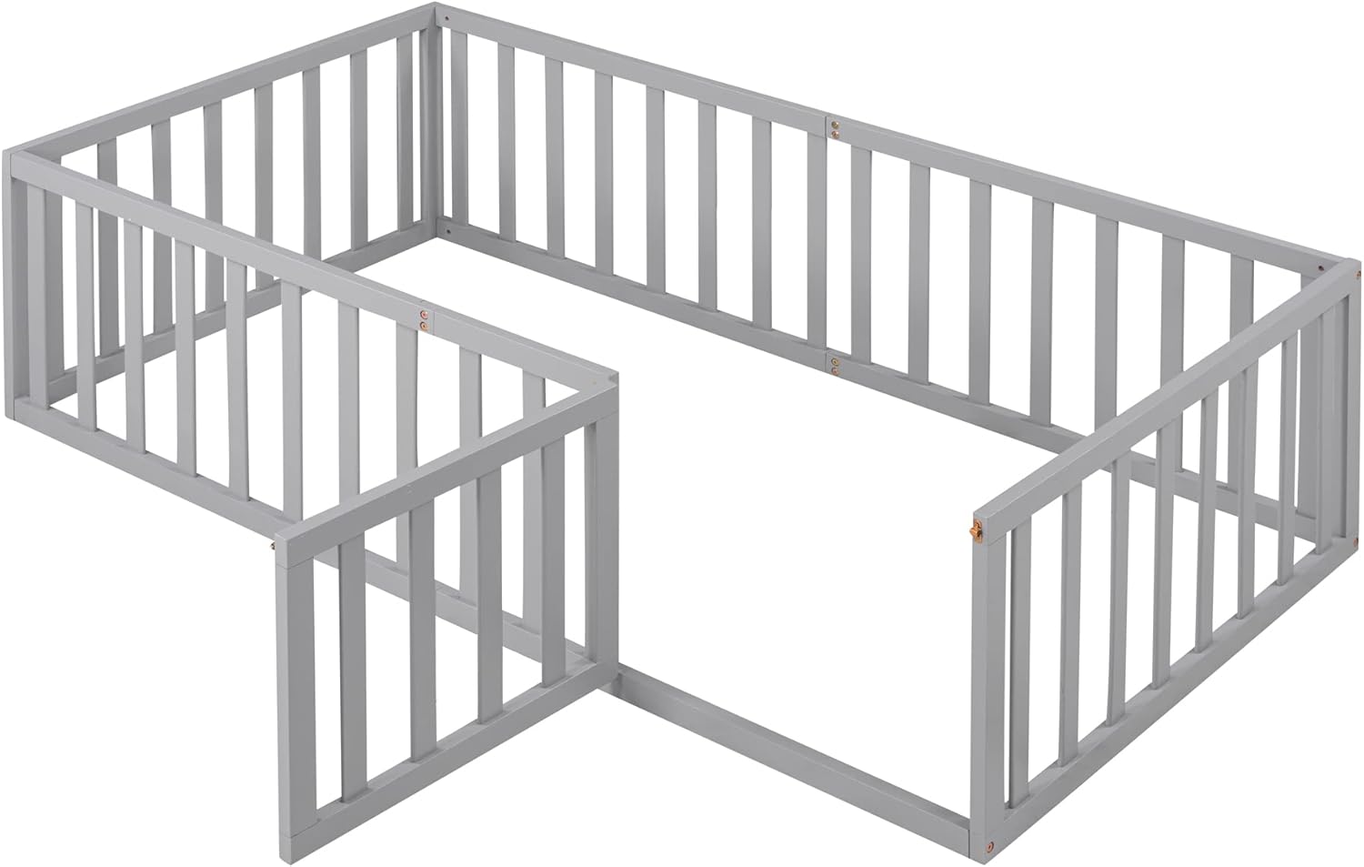 Twin Floor Bed with Fence and Door, Wood Montessori Floor Bed Without Slats, Montessori Floor Bed for Kids, Girls, Boys, Gray Floor Bed Twin Size