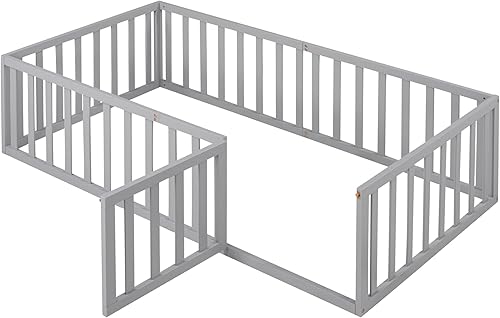Miniatura 9 de Harper & Bright Designs Cama de suelo de tamaño individual con barandillas de seguridad y puerta, marco de cama individual de madera para