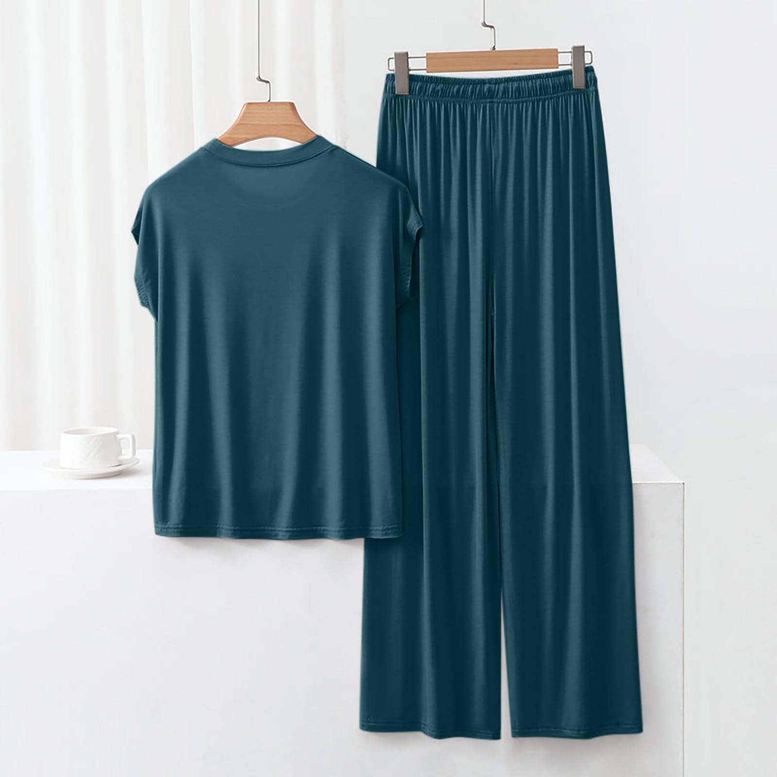 Damen Homewear Einfarbig Lockerer Pyjama Kurzarm T-Shirt Kordelzug Weite Beinhose Nachtwäsche 2-teiliges Set