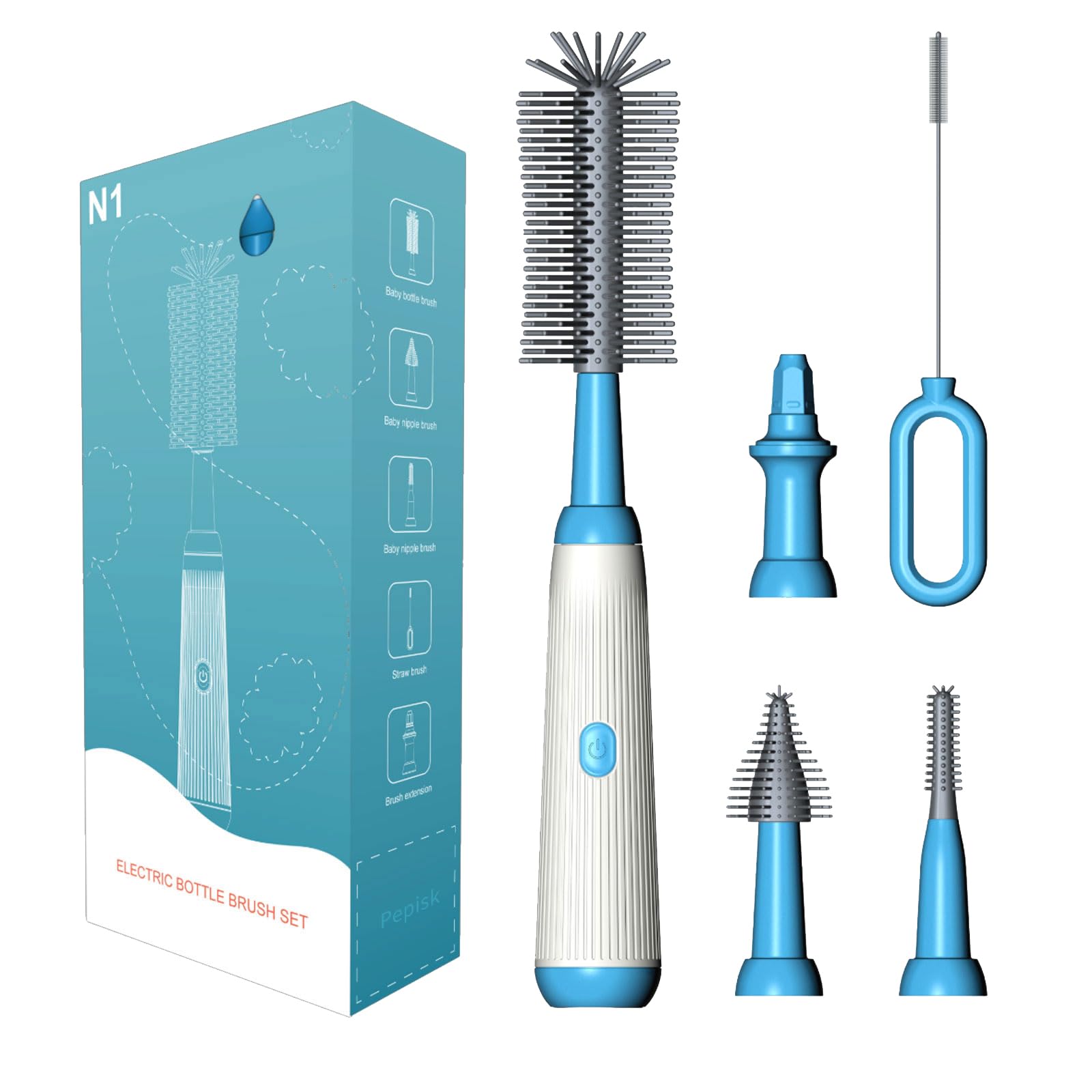 PepiskBottle Cleaning Brush,360° Rotation Cleaning and Replaceable Brush with Electric Bottle Brush Set with Baby Bottle Brush