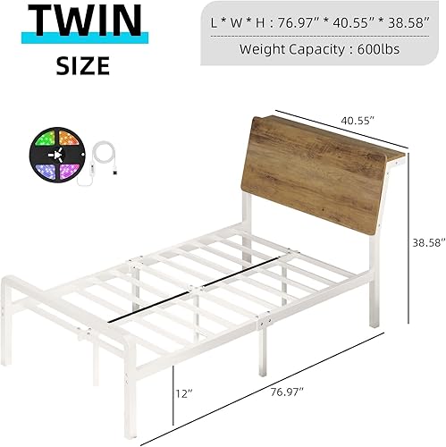 Miniatura 2 de Base de cama individual con cabecera de almacenamiento ergonómica, plataforma de metal con luces LED, listones de metal resistentes, no necesita