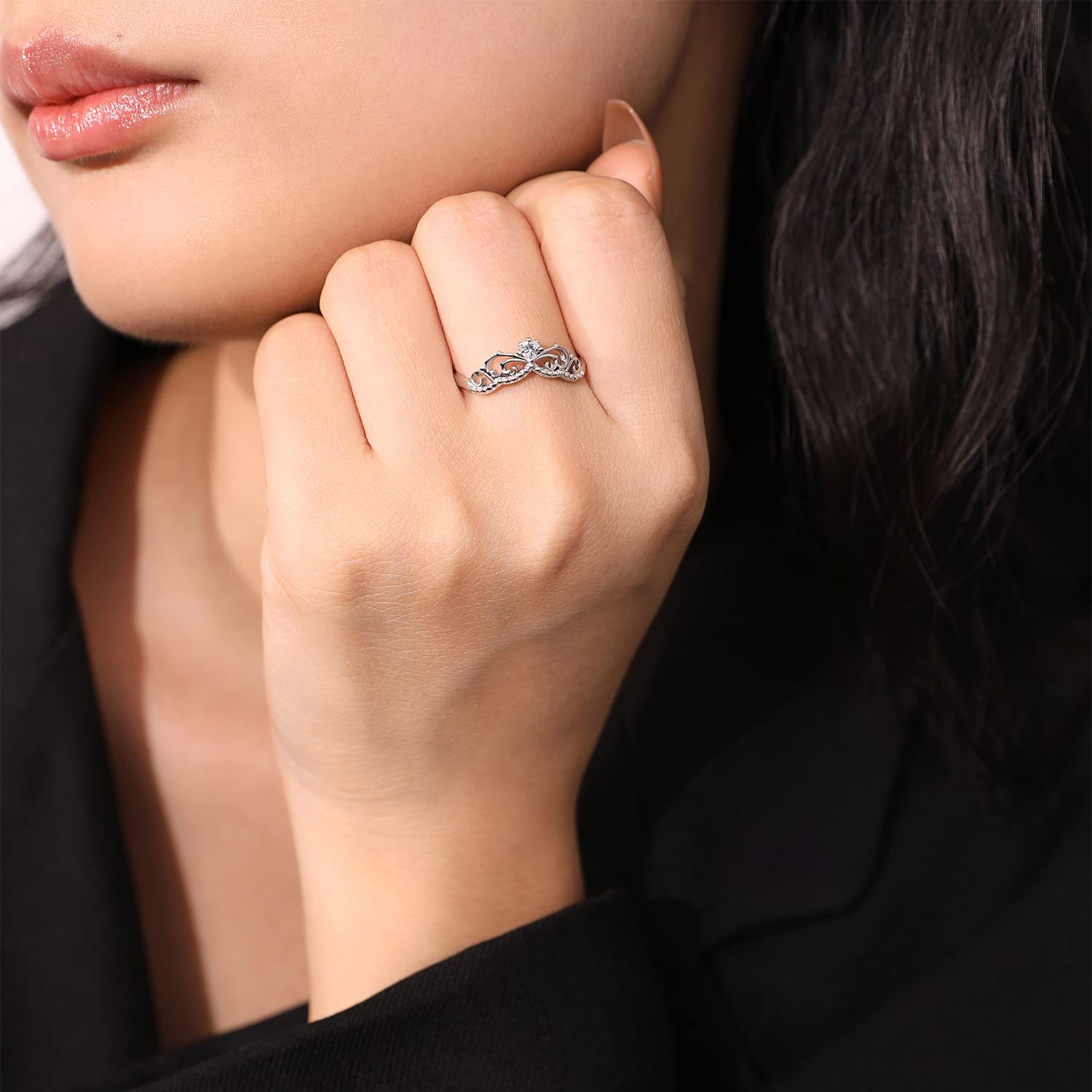 Meissa Anello Tiara in argento 925 Anello della corona principesca per le donne Unico anello di promessa regolabile con retro aperto Regali per le ragazze, Argento
