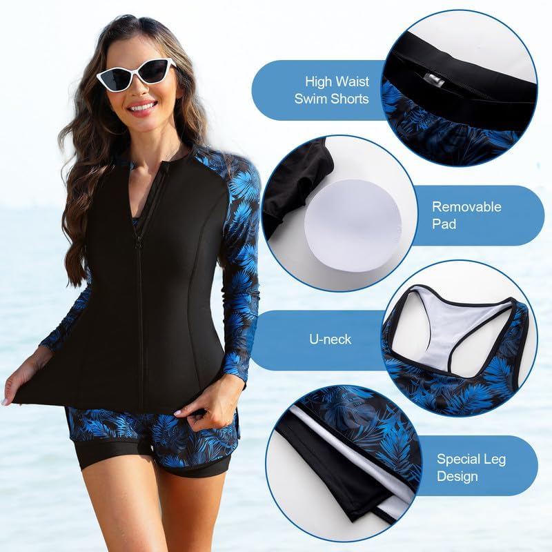 JASAMBAC Rash Guard Set da 3 pezzi, costume da bagno da donna, a maniche lunghe, bikini e a vita alta, con chiusura lampo, costume da surf, costume da bagno sportivo