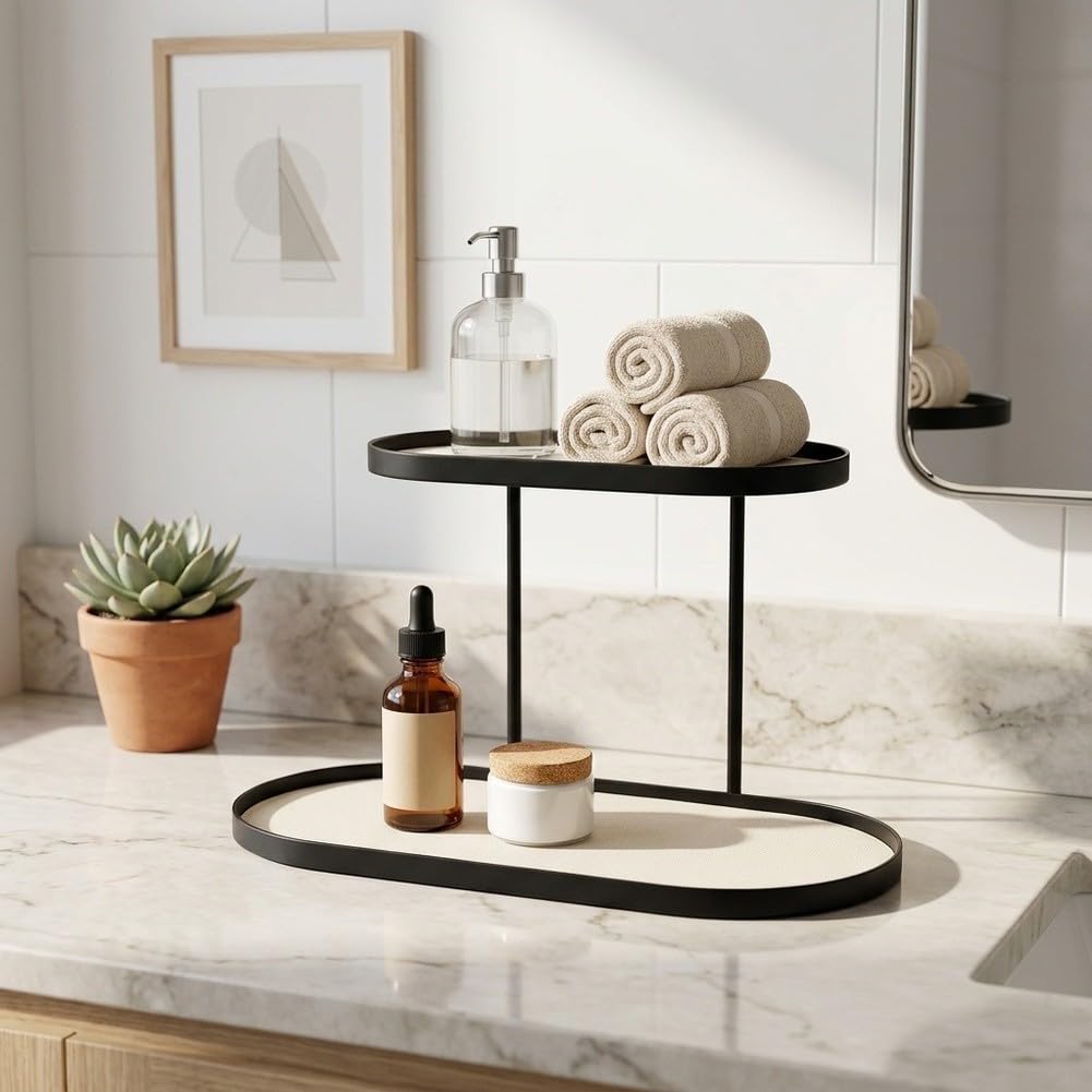 Organizer da banco a 2 livelli Scaffale da bagno Scaffale per cosmetici in metallo per articoli da toeletta Trucco Cura della pelle Supporto nero