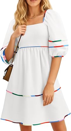 Yousify Summer Babydoll Dress for Women Short Puff Sleeves Square Neck Mini Dress Casual Loose Fit Patchwork Swing Outfits