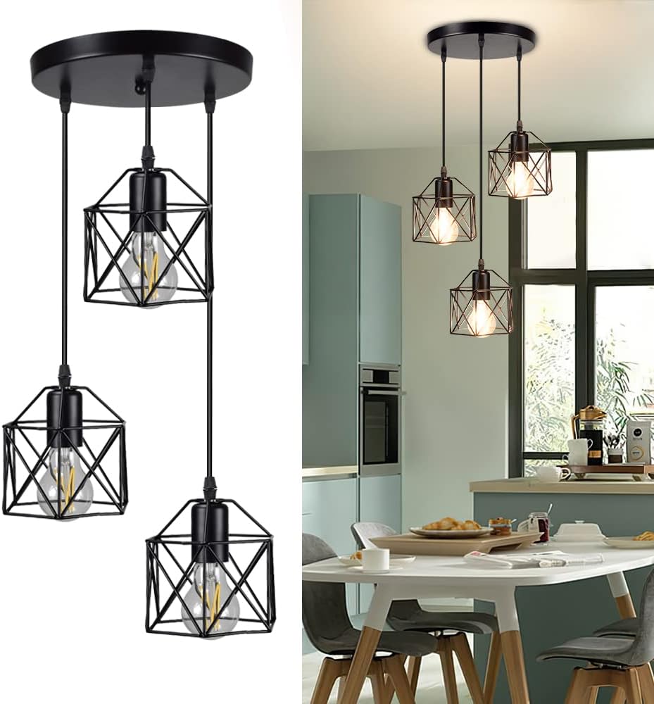 DLLT Vintage Pendant Light, Adjustable Mini Hanging Pendant Lights Fixture with 3-Light Cage Shade, Flush Mount Ceiling Swag Lighting for Kitchen/Dining Room/Hallway/Bedroom, E26 Base (Black)