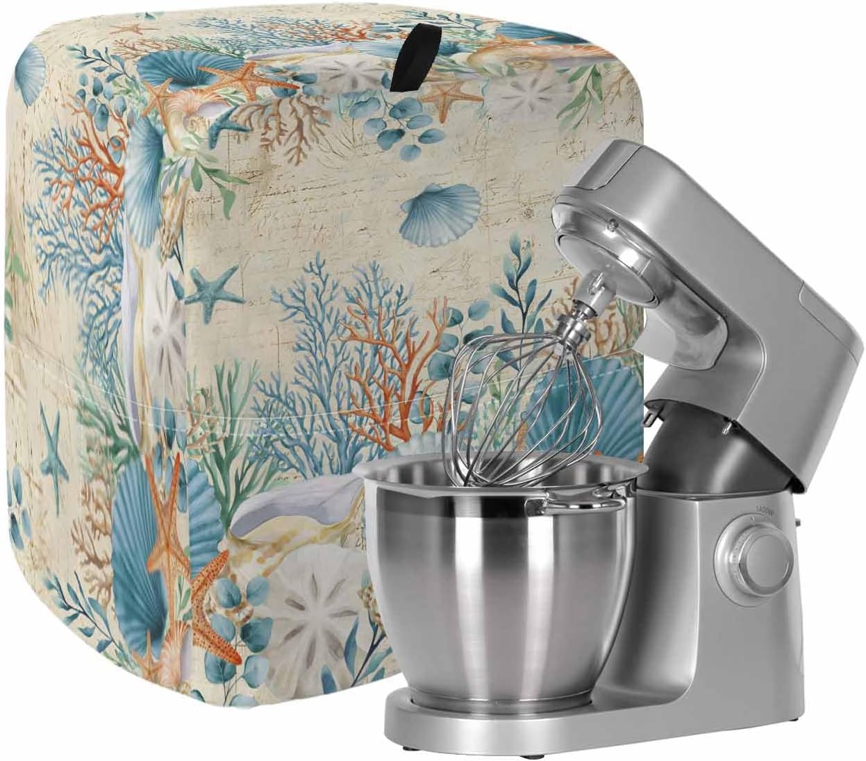 Teal Blue Coastal Stand Mixer Cover with Storage Pocket,Waterproof Kitchen Mixer Covers,Summer Beach Starfish Shell Coral Nautical Retro Kitchen Appliance Dust Cover Compatible with 4/4.5 Quart Mixers