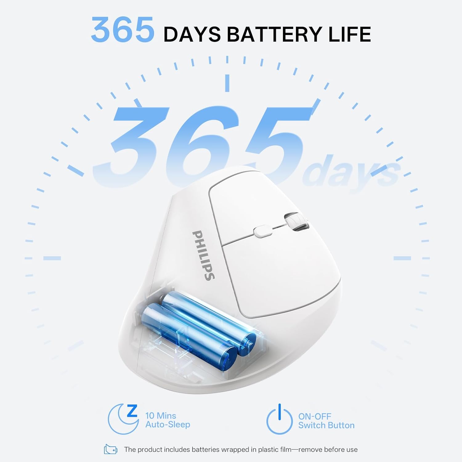 Illustration of 365 days battery life and auto-sleep feature