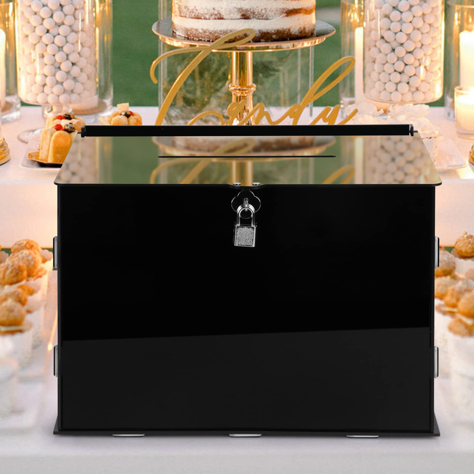 Fowecelt Caja de tarjetas de boda de acrílico negro con cerradura, caja de tarjetas rústica para recepción de boda, despedida de soltera, cumpleaños, baby shower graduación