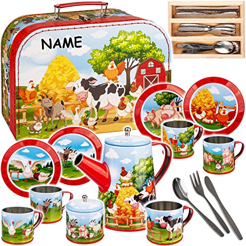 alles-meine.de GmbH 27 TLG. Set Picknick Koffer - Puppengeschirr/Teeservice & Kaffeeservice - Bauernhof Tiere - inkl. Name - Geschirr aus Blech - Metall - Blechgeschirr - Kin..