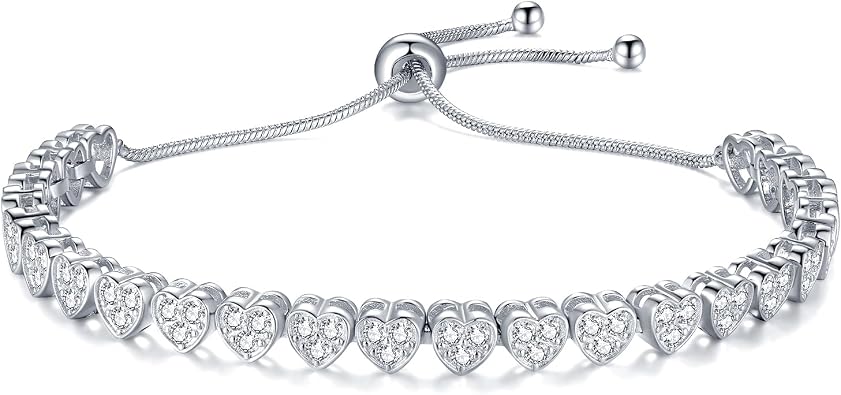 JSGEMSLEE 14K Gold Rose Gold White Gold Plated Cubic Zirconia Tennis Bracelet for Women Heart Shape CZ Adjustable Tennis Bracelet Fashion Jewelry Gifts for Women Girls