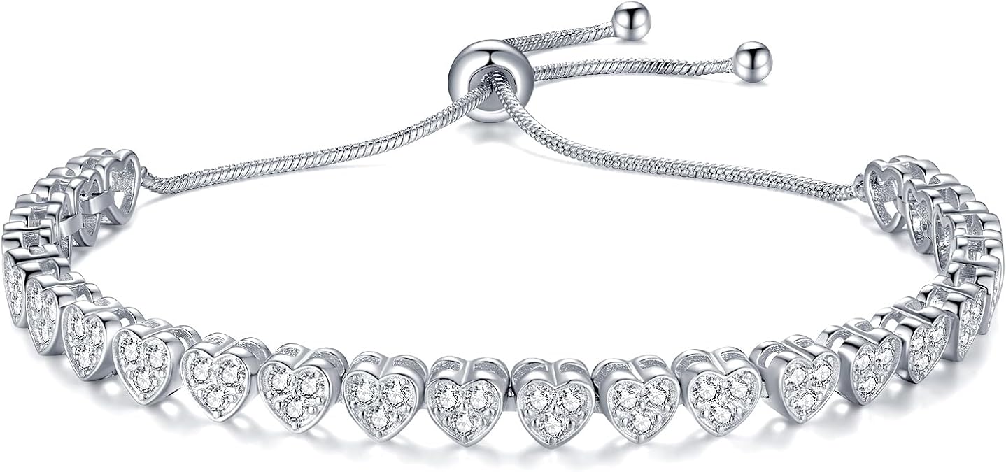 JSGEMSLEE 14K Gold Rose Gold White Gold Plated Cubic Zirconia Tennis Bracelet for Women Heart Shape CZ Adjustable Tennis Bracelet Fashion Jewelry Gifts for Women Girls