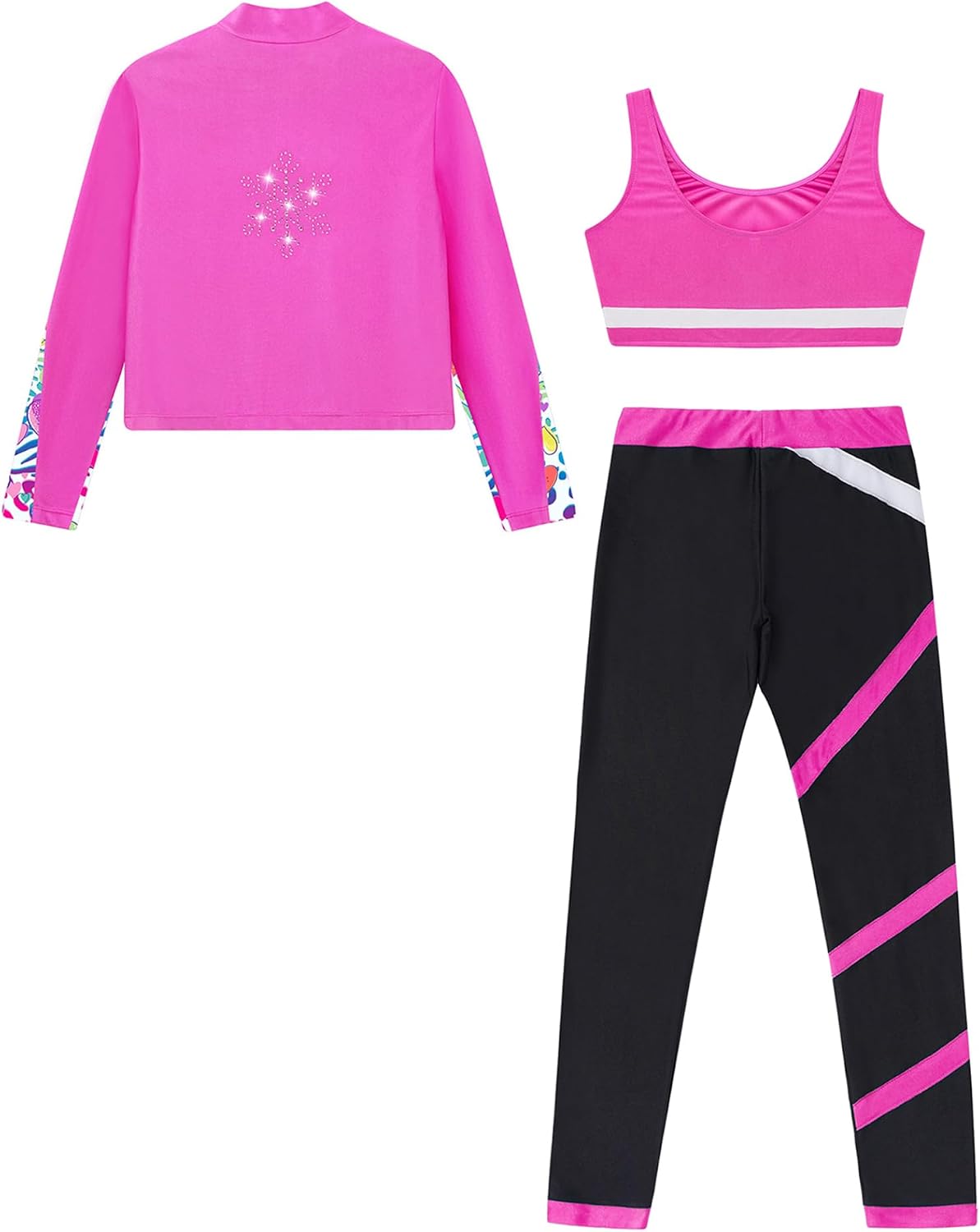 Kids Girl 3 Piece Figure Ice Skating Outfits Sequins Zipper Jacket Crop Tops with Athletic Leggings Set