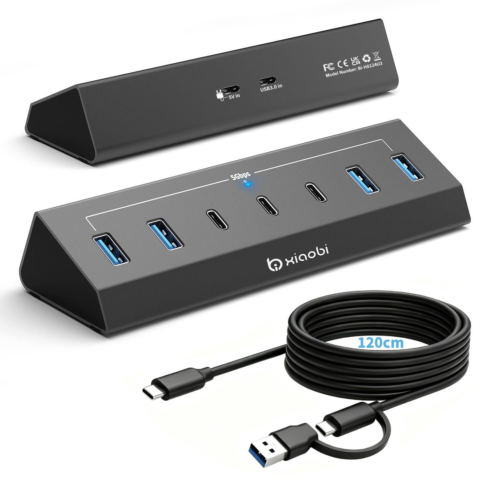 Xiaobi USB C Hub 7 Ports USB 3.0 Hub with 4*USB-A&3*USB-C (120cm)