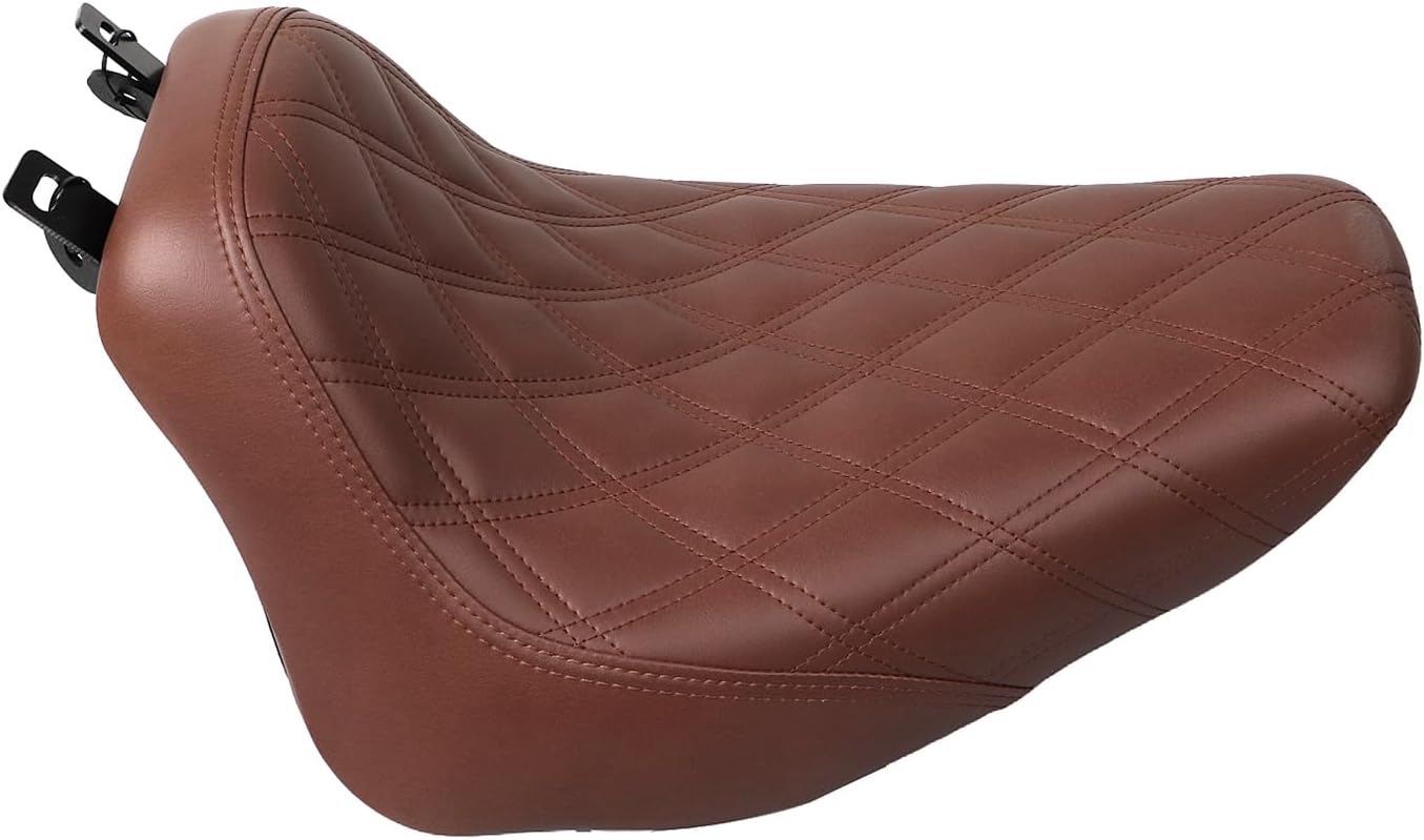 Brown Lattice Stitched PU Leather Front Driver Solo Seat For Harley Softail Deluxe FLSTN Classic FLSTC 2006-2017