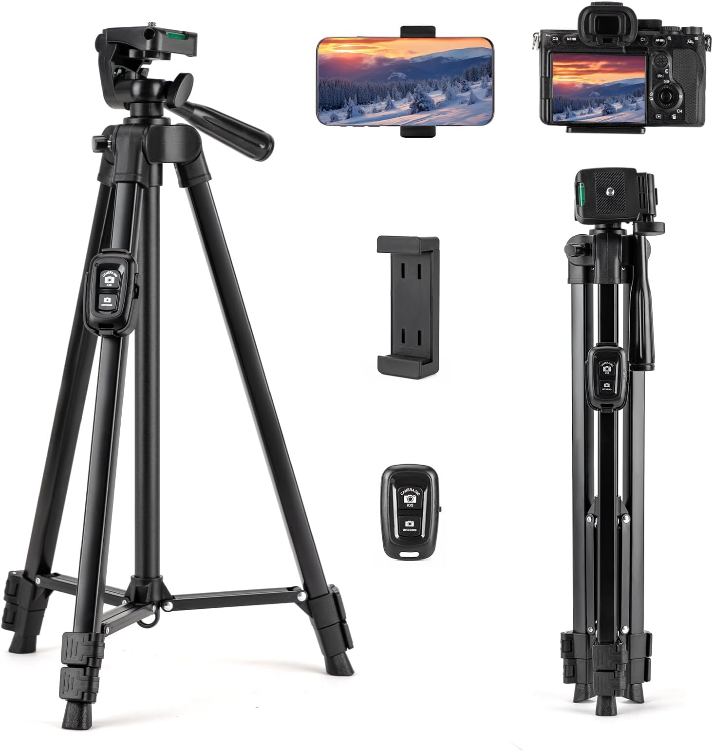 Fotopro Camera Phone Tripod 51 inch Aluminum Lightweight for Travel,360 Degree Panoramic Shooting with Bluetooth Remote and Phone Holder Load up to 3.3lb/1.5kg
