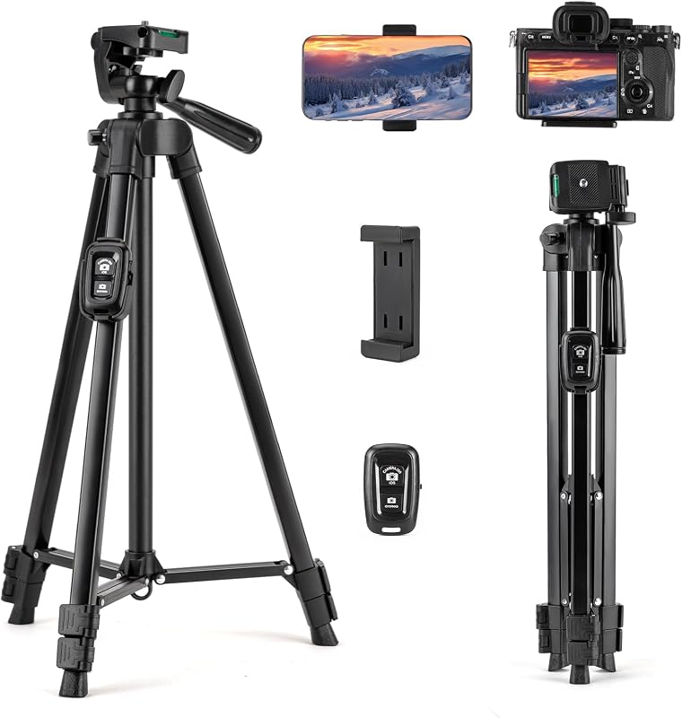 Trípode para cámara Fotopro, trípodes de viaje portátiles livianos de 51 pulgadas para cámara y teléfono con cabezal de 3 vías con control remoto, soporte para teléfono celular, bolsa de viaje, trípode de aluminio para teléfono para grabar transmisión en vivo