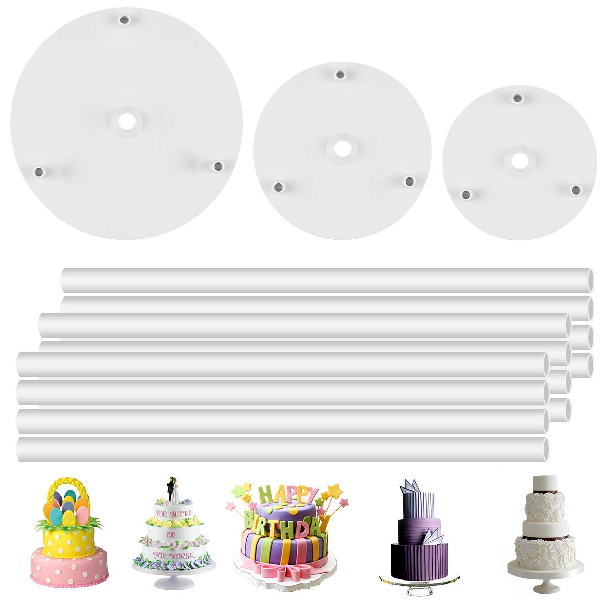 Set Piatti Separatori E Bastoncini Portanti Per Torte A 5 Livelli – Kit Da 15 Tasselli E 5 Piatti (4/6/8/10/12 Pollici) Per Torte A Strati