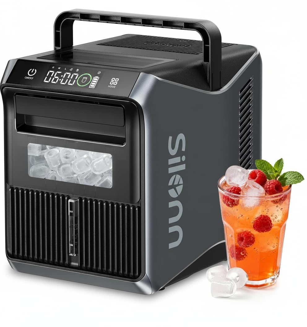 Silonn Battery-Powered Ice Maker with 4-Power, RV Ice Maker Countertop 12V/24V Car Charger 100-240V AC Solar-Ready, Portable Ice Machine 9 Cubes/6 Mins 22lbs/Day Auto-Clean for Camping RV Home Outdoor | Fridge.com