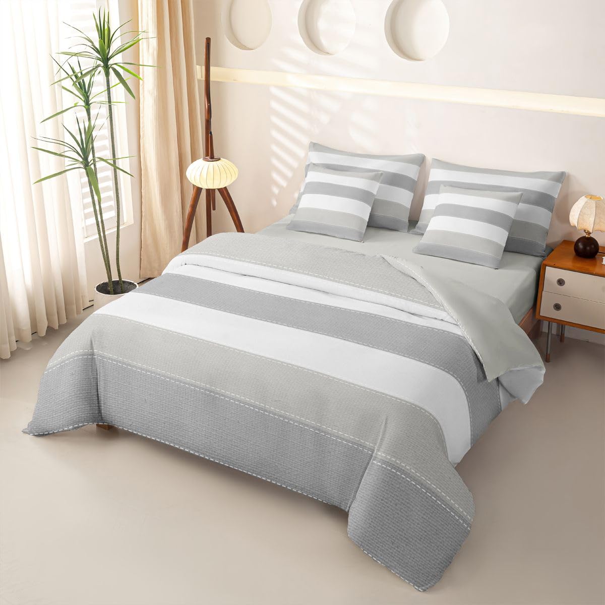 Loussiesd Set di biancheria da letto per bambini e bambine, con copripiumino, lenzuola, federe, federe per cuscini, 7 pezzi, bianco e grigio