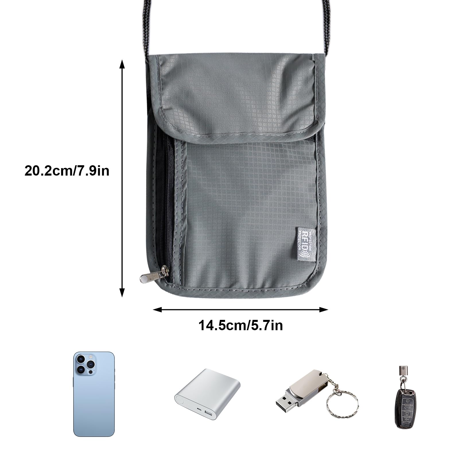 Saszetka podróżna na pieniądze, miękka saszetka na klatkę piersiową do podróży unisex, ukryty antykradzieżowy holder festiwalowy na paszport, karty kredytowe, z ochroną RFID, szary, 19*14
