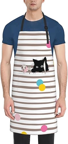 Miniatura 2 de Perinsto Delantal impermeable con 2 bolsillos, diseño de gato lindo a rayas, delantal impermeable con 2 bolsillos, delantales de cocina para