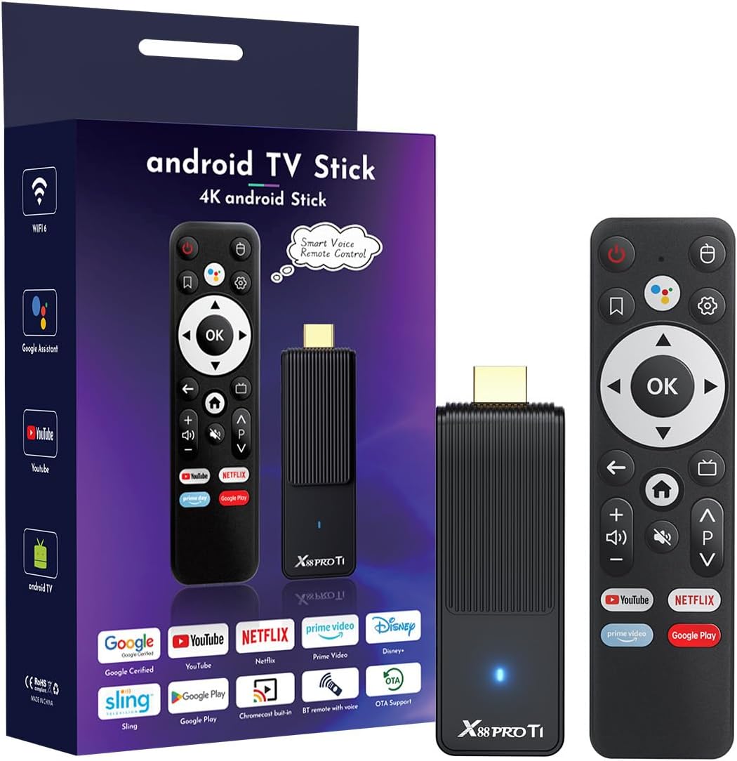 GREVA Android TV Stick 4K Ultra HD Streaming Device, Latest Android 14.0 TV Stick Box 2GB 16GB HDR/AV1/2.4G/5G WiFi/BT 5.0, Smart Streaming Media Player with Assistant Voice Remote Control Noir