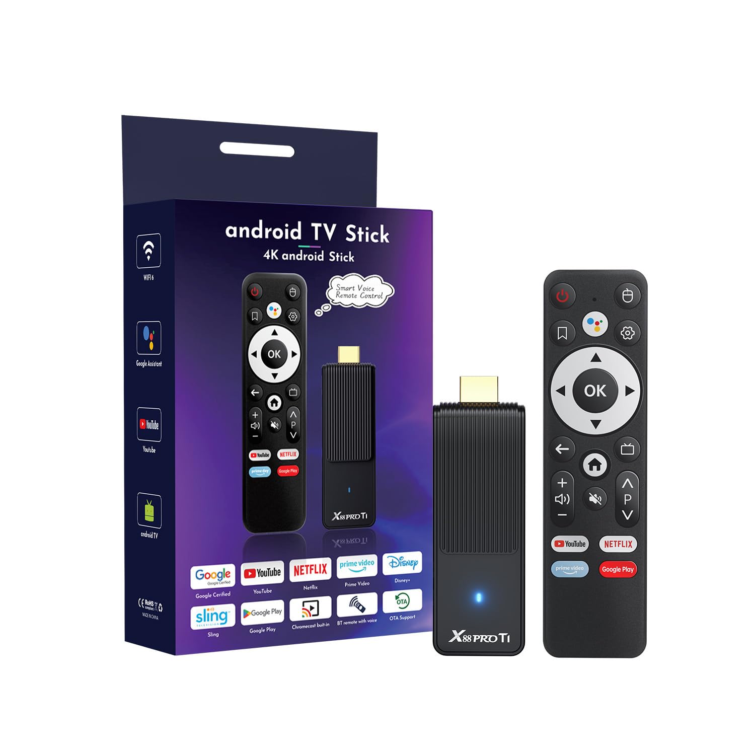 GREVA Android TV Stick 4K Ultra HD Streaming Dispositivo di Streaming, Ultimo Android 14.0 TV Stick Box 2GB 16GB HDR/AV1/2.4G/5G WiFi/BT 5.0, Smart Streaming Media Player con assistente vocale, colore