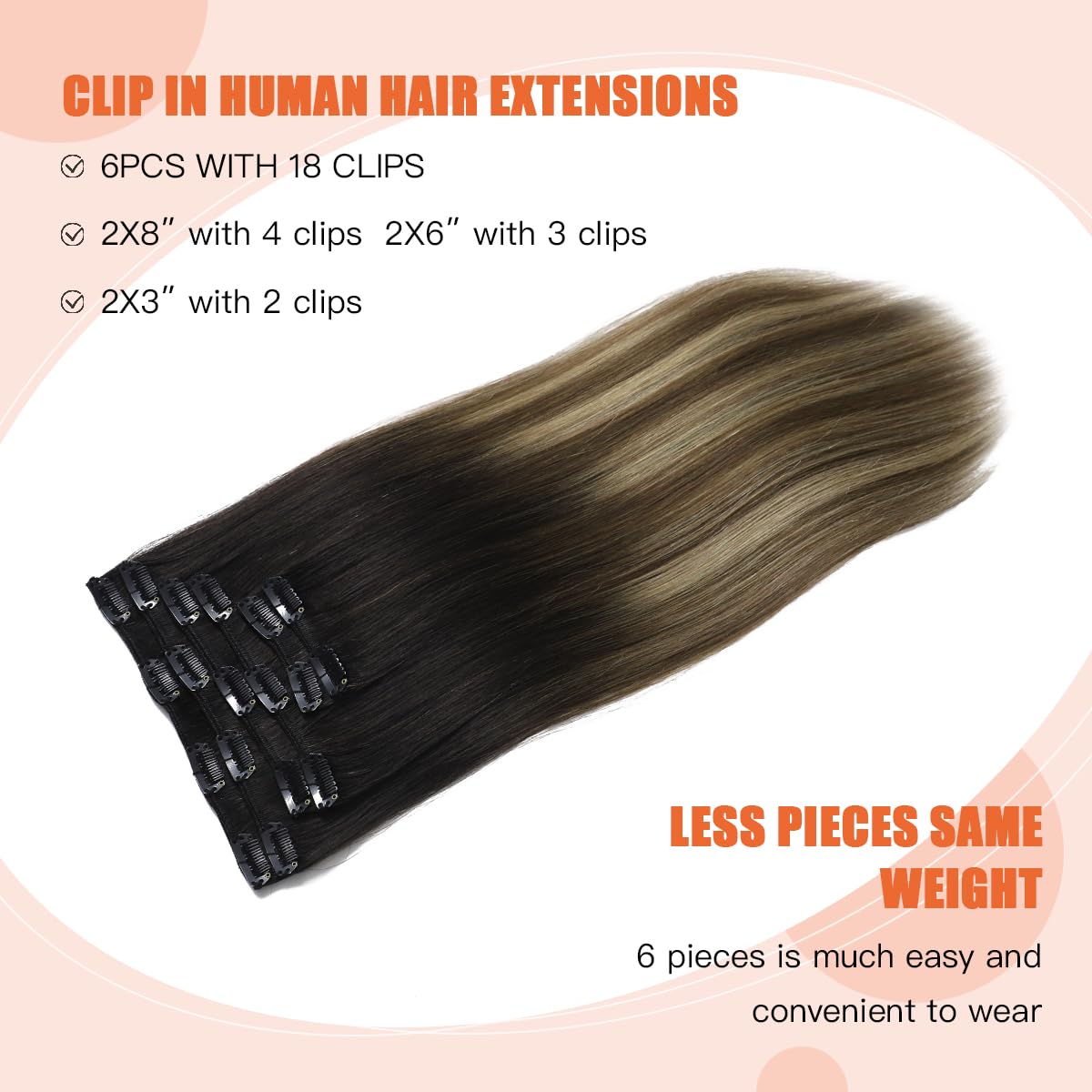 XDhair Extension Capelli Veri Clip 45cm 120g 6pcs Dal Nero al Castano Con Biondo Caramello Estensioni Dei Capelli Umani Reali (C#1B/4/27-18)