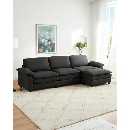 Karl home Sectional Sofa Modular Deep Seat Sofa Couch with Ottoman, Linen Sofa Sleeper Comfy Upholstered Furniture for Living Room, Apartment, Studio, Office, (3-Seat & 1-Ottoman, Black)