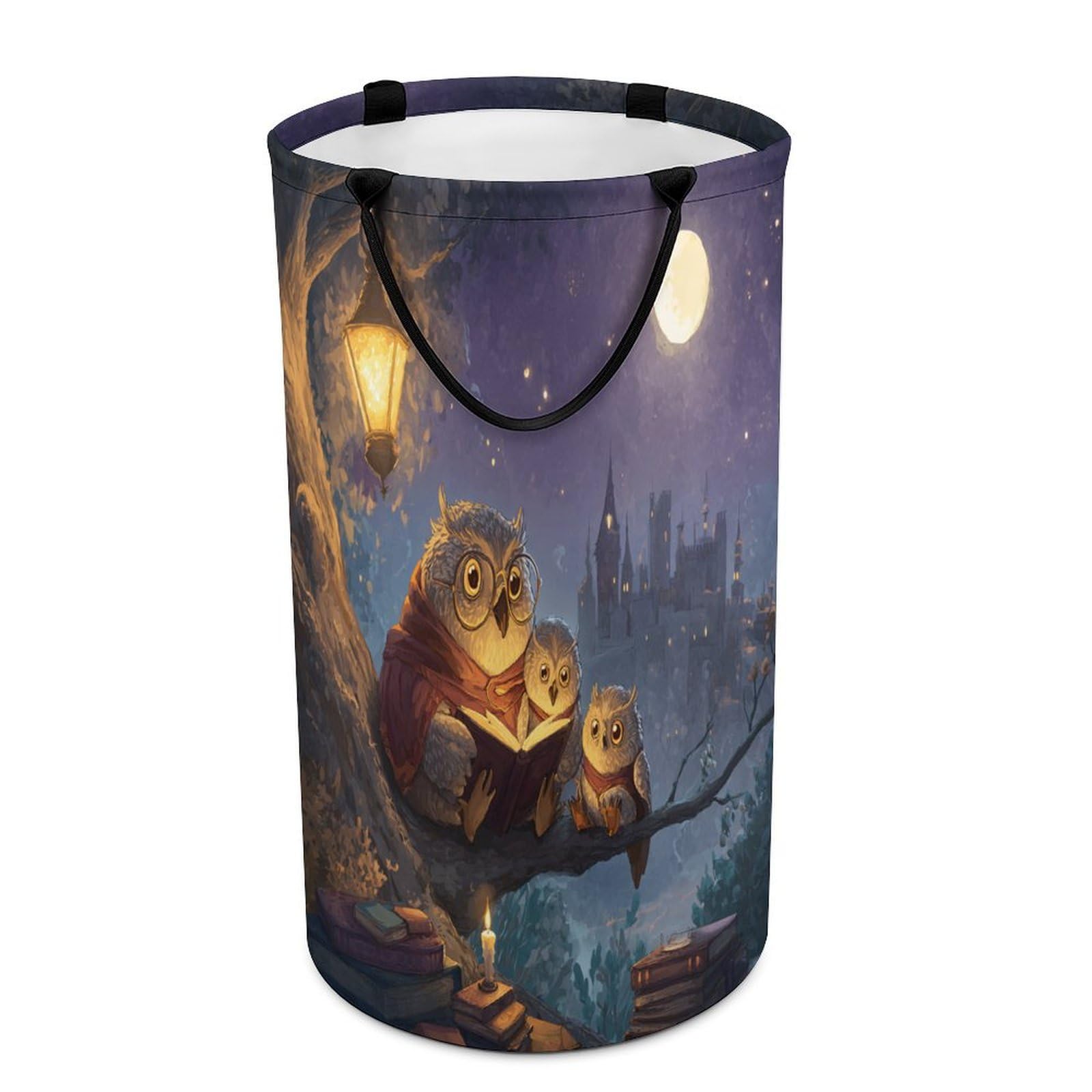 LUYYSKY Funny Modern Cute Owl Collapsible Dirty Clothes Basket, Mid Century Retro Full Moon Starry Sky Galaxy Castle Animal Owls Portable Clothes Storage Laundry Basket-40 CM Dia, 69 CM High