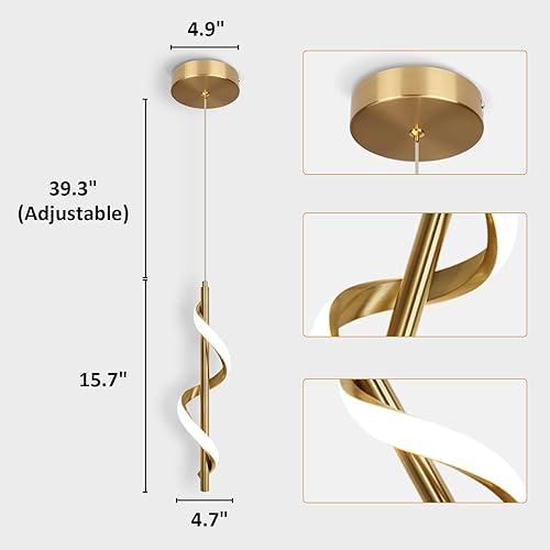 Miniatura 7 de CANEOE Luz Colgante Dorada, Iluminación Colgante LED en Espiral Moderna para Isla de Cocina, 5500K Luminaria Colgante de Techo de Latón Cepillado