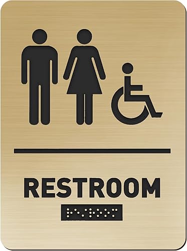Letrero de baño unisex con texto en inglés "All Gender Bath" y "Handicap" Braille para baño, compatible con silla de ruedas, iconos elevados de