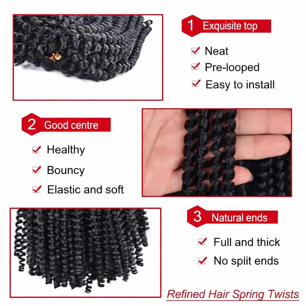 Spring Twist Hair - extension per trecce a crochet capelli dall’ aspetto naturale - Kanekalon 90 ciocche 330 grammi divisi in 3 pezzi + 3 accessori in omaggio (1B, 8" 20cm)