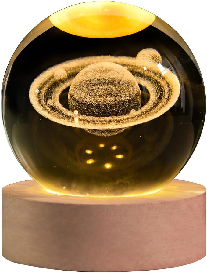 AOFEGRLT 3D Saturn Crystal Ball with LED Stand, 60mm Glass Sphere Decorative Balls, Space Planet Galaxy Lamp Night Light Gifts for Women Kids