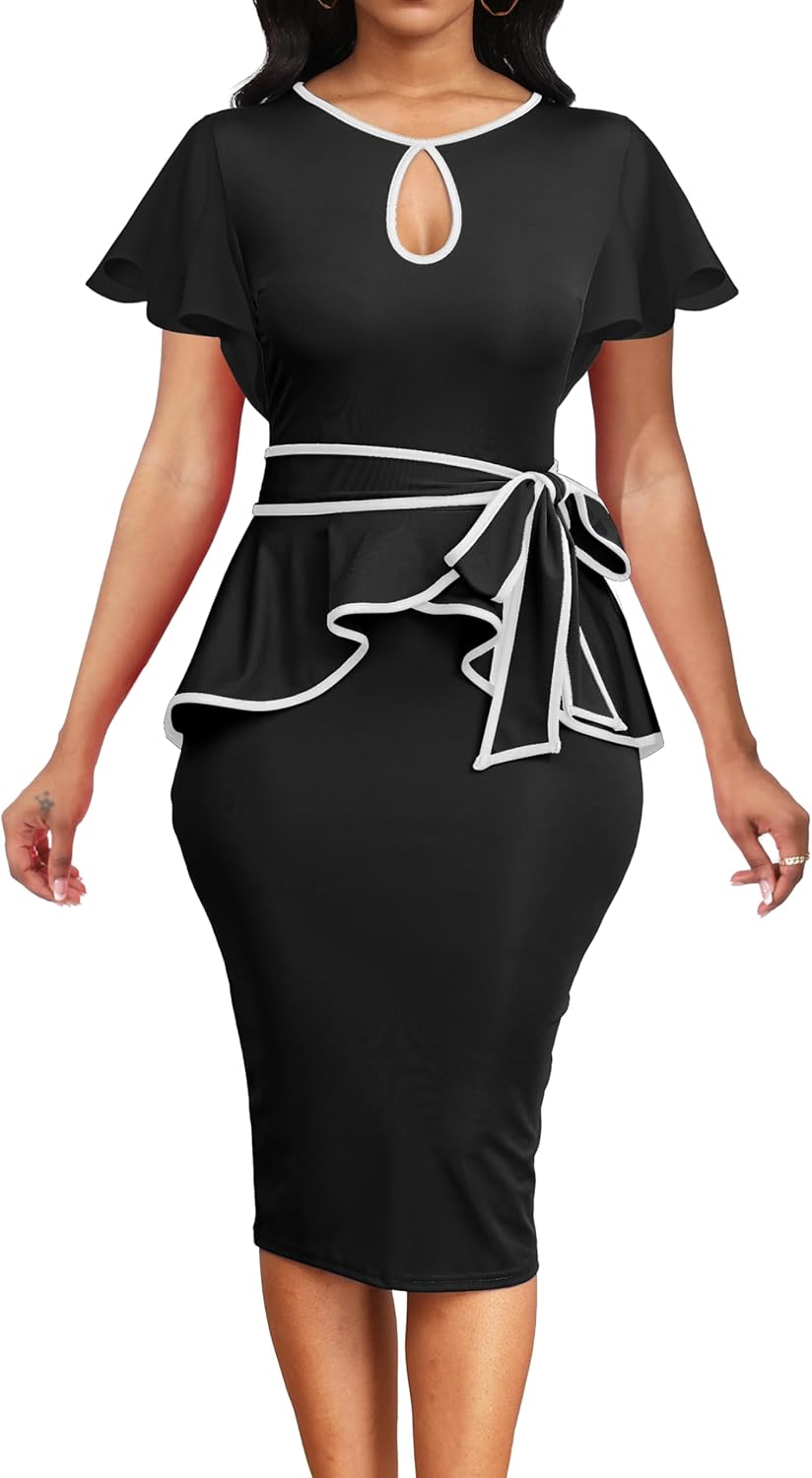 Women's Vintage Bodycon Church Ruffle Sleeve Ruched Dresses Work Midi Pencil Dress - Image 2
