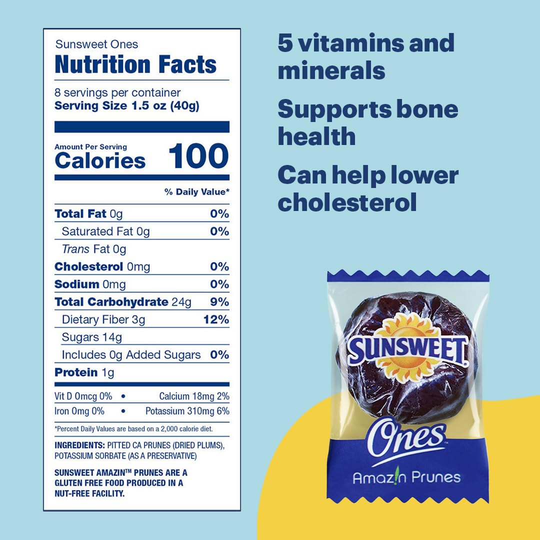 Sunsweet Amazin' Prunes Ones - Prunes Pitted Unsweetened & Dried - Gluten Free, Vegan, Low Fat - Fiber & Minerals - 12 oz pouch - 8 Pack