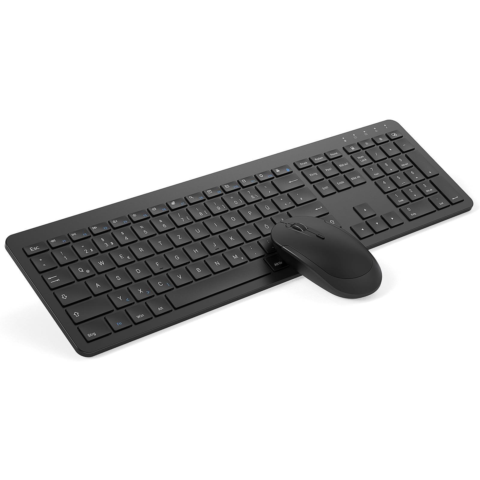 Tastatur Maus Set Kabellos, seenda SK38-3 Ultra-Dünne Wiederaufladbare Funk Tastatur Maus Set, Ergonomische Tastatur Kabellos mit Silikon Staubschutz für PC/Laptop/Smart TV, DE QWERTZ Layout, Schwarz