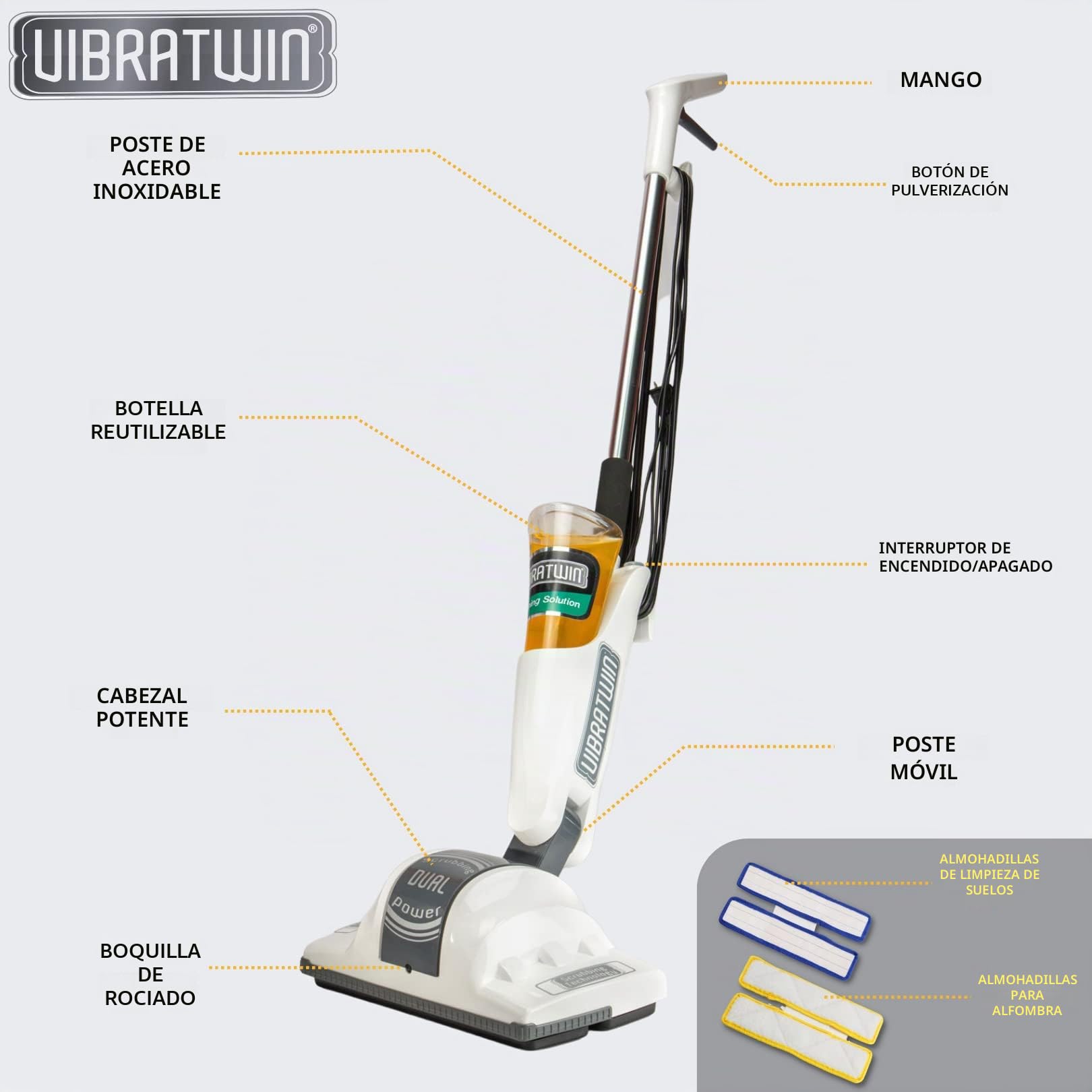 VIBRATWIN Dual Action Limpiadora de Suelos Eléctrica de Doble acción Friega, Frota, Limpia y Rejuvenece todas las Superficies de Madera, Piedra, Moqueta, Mármol (VIBRATWIN)