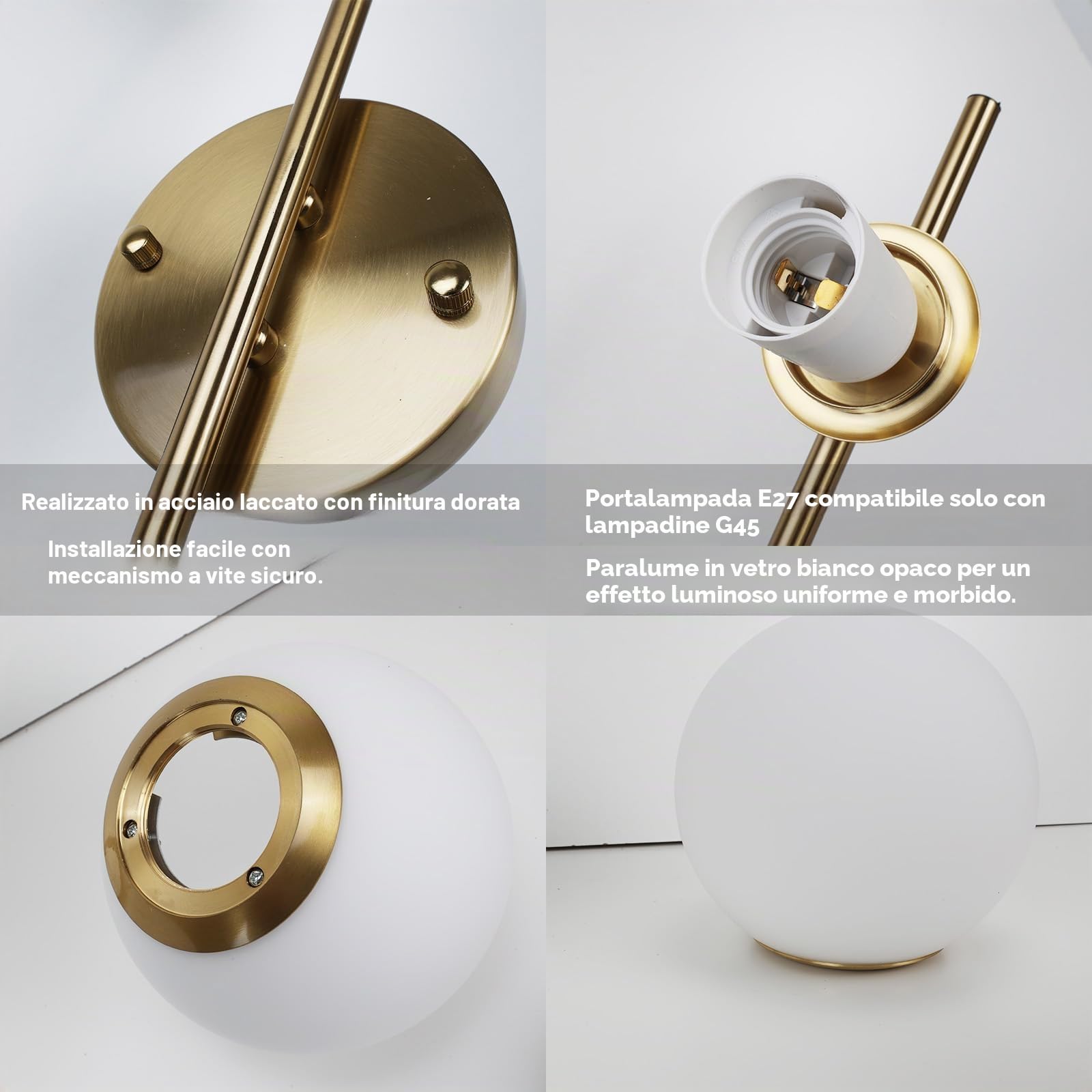 Alpinaluz Applique da parete dorato, lampada da parete con 2 sfere opache bianche, portalampada E27 G45, illuminazione decorativa per camera da letto, soggiorno e corridoio